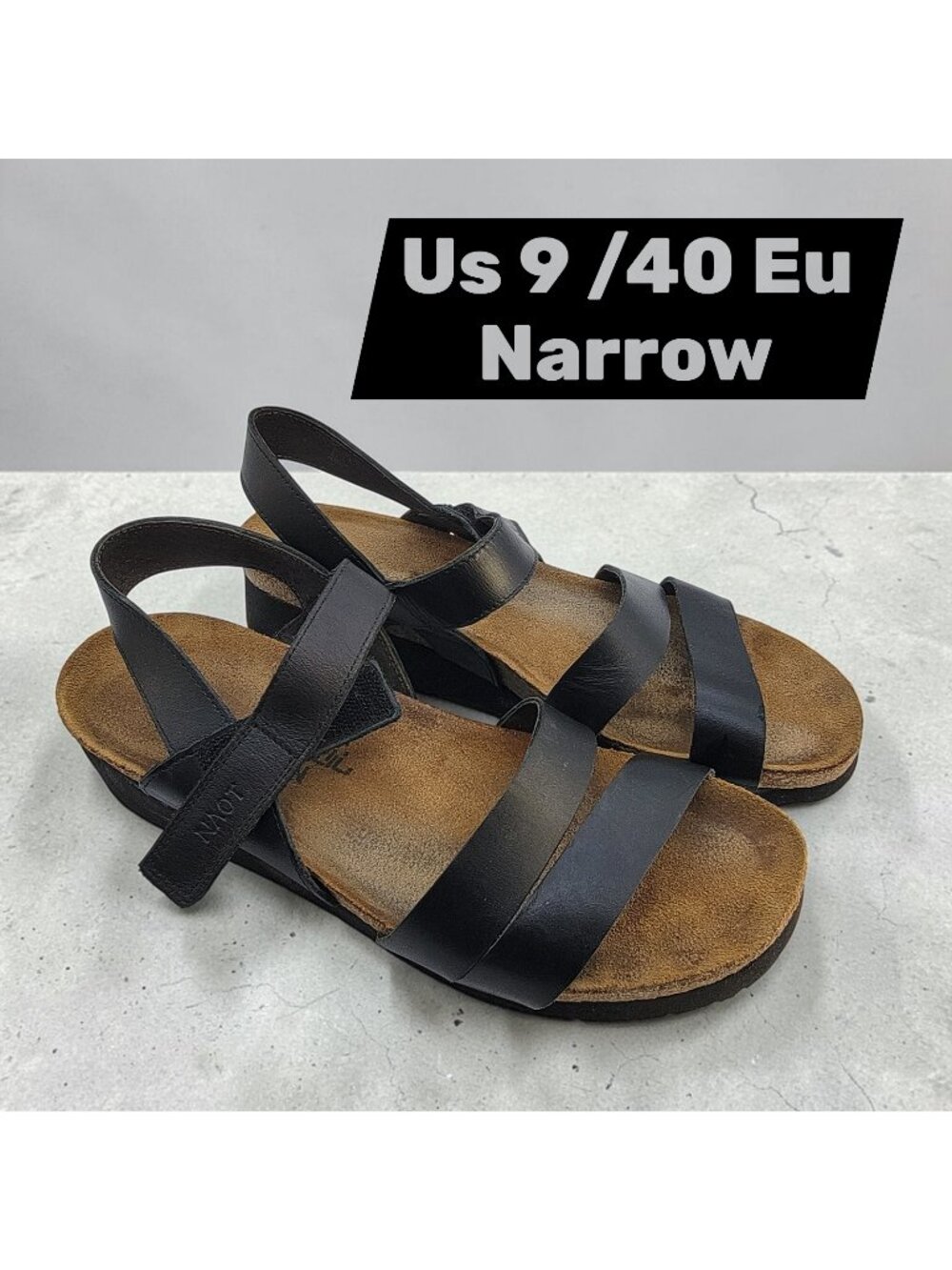 Women's NAOT Kayla black leather ankle strap wedge comfort walking sandals 9 /40